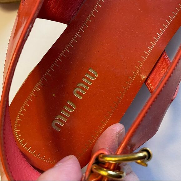 Miu Miu Coral Patent Leather Cork Platform Sandals EU 37.5 Slingback Peep Toe - Picture 9 of 11